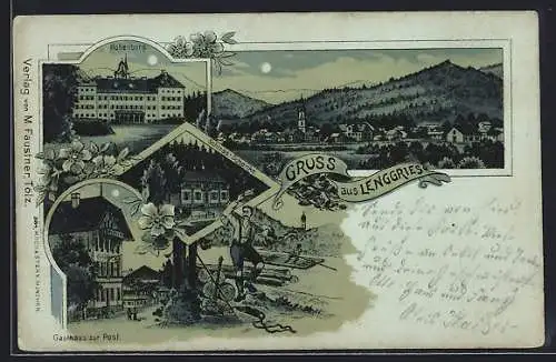 Mondschein-Lithographie Lenggries, Gasthaus zur Post, Hohenburg, Schloss-Schenke