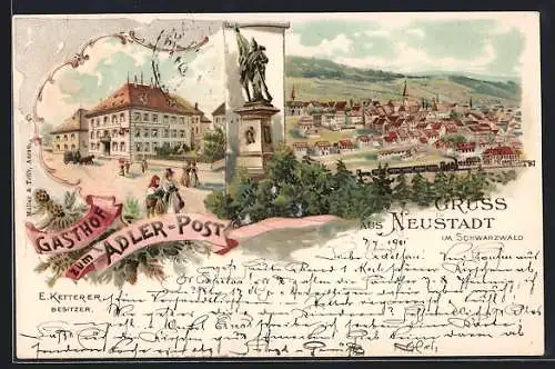 Lithographie Neustadt / Schwarzwald, Gasthof zum Adler-Post, Ortsansicht