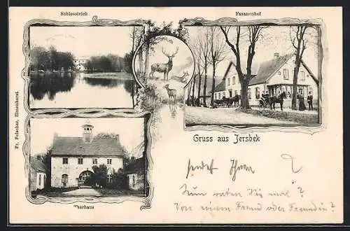 AK Jersbek, Gasthaus Fasanenhof, Schlossteich, Thorhaus
