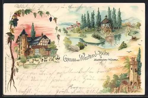 Lithographie Worms-Hochheim, Gasthaus Westend-Höhe, Burgruine und Flusspartie