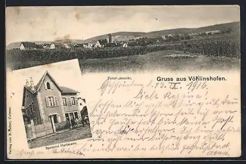 AK Vöklinshofen, Gesamtansicht und Spezerei Hartmann