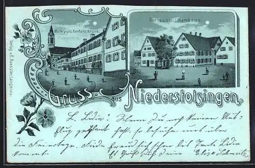 Mondschein-Lithographie Niederstotzingen, Martkplatz Rentamt Krone, Rathaus und Pfarrhaus