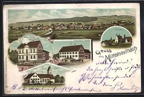 Lithographie Mittelneufnach, ostagentur, Schule, Kunstmühle, Totalansicht, Forsthaus