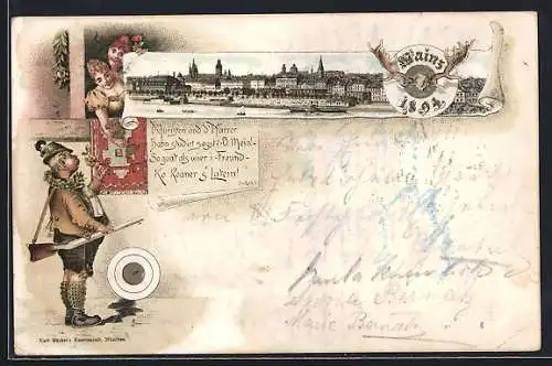 Vorläufer-Lithographie Mainz, 1894, Panorama und Jäger, der zwei Damen umwirbt