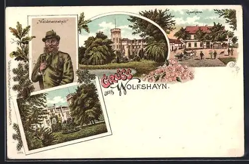 Lithographie Wolfshayn, Gasthaus, Schloss und Jäger mit Pfeife