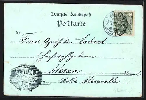 Mondschein-Lithographie Forst / Lausitz, Stadtbahn, Reichsbank und Bismarck-Denkmal