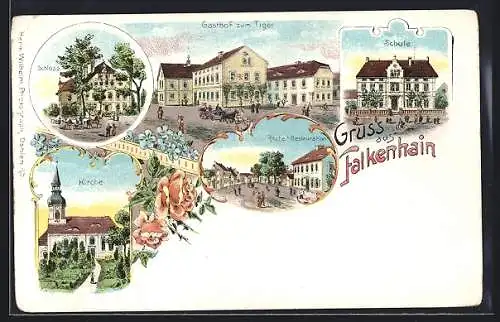 Lithographie Falkenhain / Mittweida, Gasthof zum Tiger, Reiche`s Restaurant und Schule