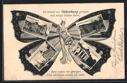 Schmetterlings-AK Oldenburg / Oldenburg, Frau mit Ansichten auf den Flügeln, Inf. Kaserne IIA, IIB, Schlosswache