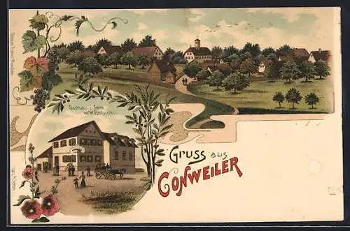 Lithographie Conweiler, Gasthaus zur Sonne von W. Rentschler und Panorama