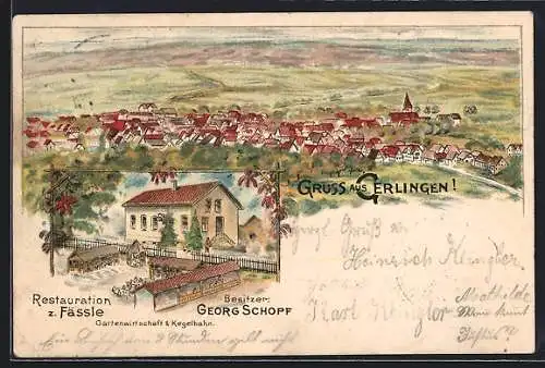 Lithographie Gerlingen / Württ., Restauration z. Fässle, Bes. Georg Schopf und Panorama