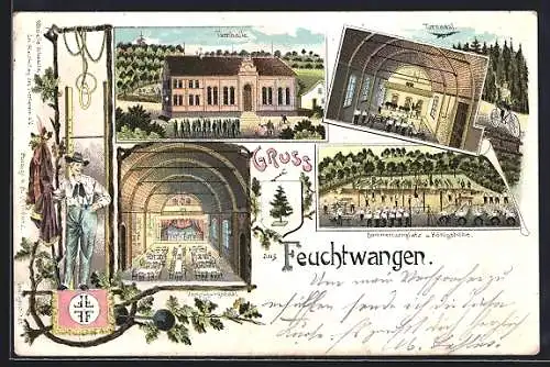 Lithographie Feuchtwangen, Turnhalle, Vergnügungssaal und Sommerturnplatz