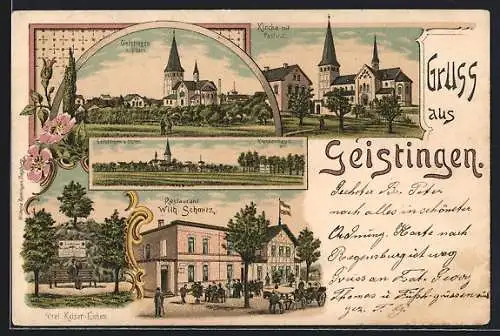 Lithographie Geistingen, Kirche mit Pastorat, Restaurant Wilh. Schmitz, Drei Kaiser-Eichen