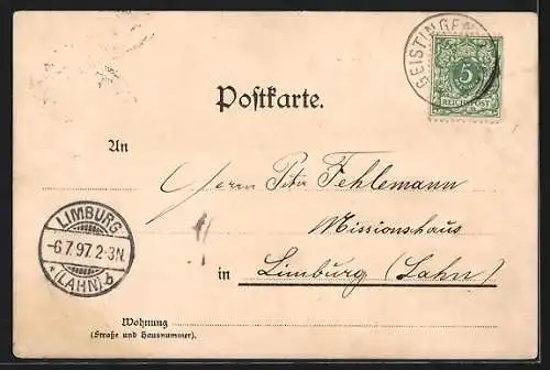 Lithographie Geistingen, Kirche mit Pastorat, Restaurant Wilh. Schmitz, Drei Kaiser-Eichen