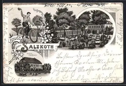 Lithographie Aschersleben, Gasthaus Salzkoth von Otto Lehmann und Radfahrer