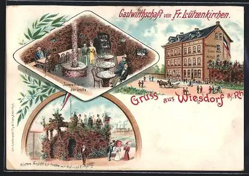 Lithographie Wiesdorf a. Rh., Gastwirtschaft von Fr. Lützenkirchen, Innere Ansicht mit Grotte und Ansicht von hinten