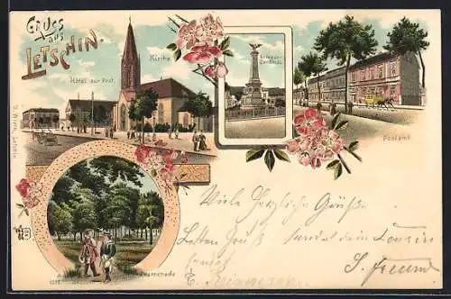 Lithographie Letschin, Hotel zur Post, Kirche und Kriegerdenkmal