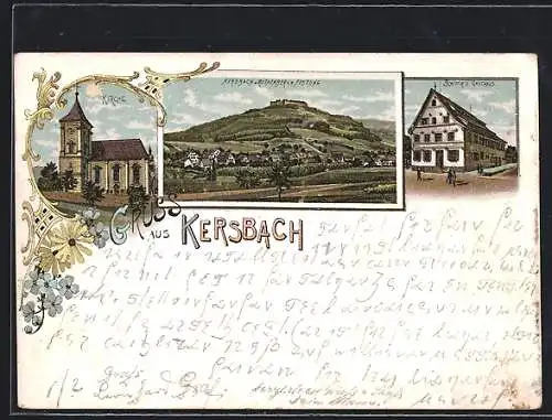 Lithographie Kersbach / Schnaittach, Schiffer`s Gasthaus, Ansicht mit Rothenbach und Festung, Kirche