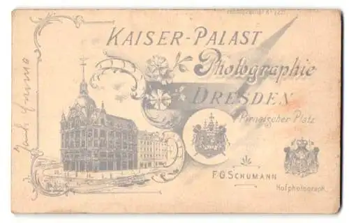 Fotografie F. G. Schumann, Dresden, Ansicht Dresden, Foto-Atelier Kaiser-Palast Photographie am Pirnaischen Platz