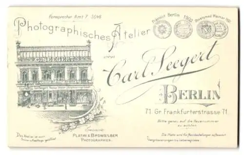 Fotografie Carl Seegert, Berlin, Ansicht Berlin, Geschäftshaus & Foto-Atelier Gr. Frankfurterstrasse 71