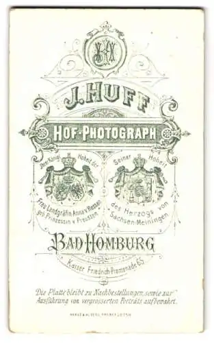 Fotografie J. Huff, Bad Homburg, Kaiser-Friedrich-Promenade 65, Wappen Hessen und Sachsen-Meiningen, Portrait Rückseitig