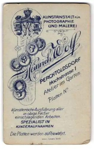 Fotografie Heinrich Wolf, Perchtoldsdorf, Hochstrasse 1, Wappen und Messe-Medaillen, Rückseitig Portrait