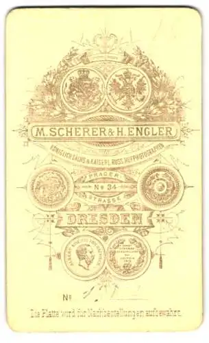 Fotografie M. Scherer & H. Engler, Dresden, Pragerstrasse 34, Kgl. Wappen und Messe-Medaillen, Rückseitig Portrait