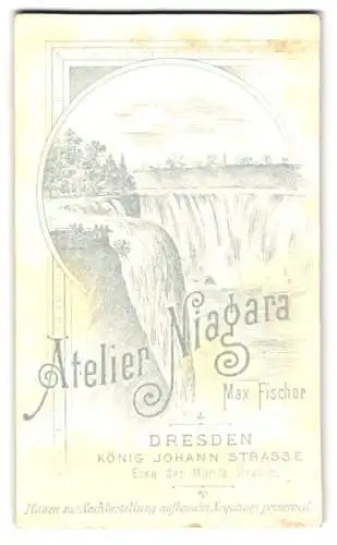 Fotografie Max Fischer, Dresden, König-Johann-Strasse, Wasserfall Niagara-Fälle, Rückseitig Portrait