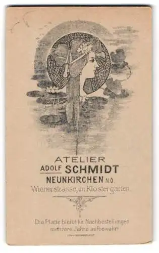 Fotografie Adolf Schmidt, Neunkirchen N.Ö., Wienerstrasse, Jugendstil-Portrait & Seerosen, Rückseitig Portrait