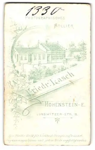 Fotografie Friedrich Lasch, Hohenstein-Ernstthal, Lungwitzerstr. 16, Geschäftshaus & Foto-Atelier, Rückseitig Portrait