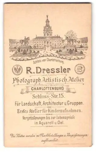 Fotografie R. Dressler, Berlin, Schlossstrasse 15, Schloss Charlottenburg & Messe-Medaillen, Rückseitig Portrait