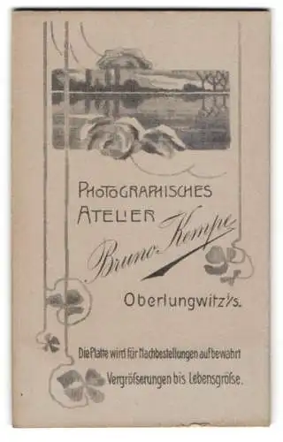 Fotografie Bruno Kempe, Oberlungwitz i. S., florale Verzierungen & Seeblick, Rückseitig Portrait