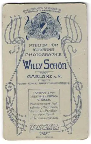 Fotografie Willy Schön, Gablonz a. N., Wappen und Ornamente, Rückseitig Portrait