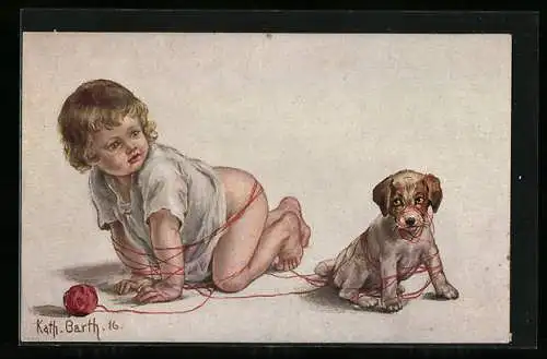 Künstler-AK K. Barth: Kind und Hund verfangen sich in einem Wollknäuel