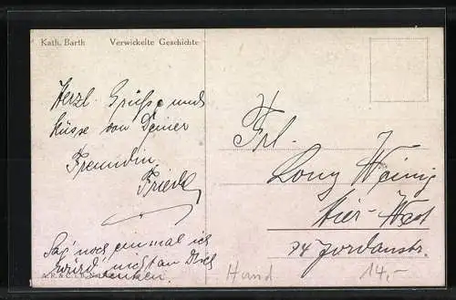 Künstler-AK K. Barth: Kind und Hund verfangen sich in einem Wollknäuel