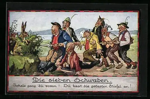 Künstler-AK Hans Boettcher: Die sieben Schwaben auf Hasenjagd mit Lanze