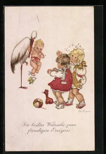 Künstler-AK Tilly von Baumgarten: Der neue Spielkamerad, Storch bringt den Kindern ein Baby