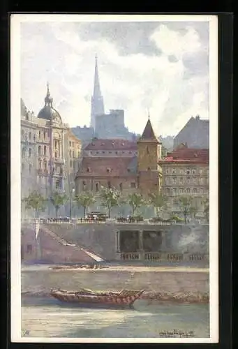 AK Wien I, Ruprechtskirche über den Kanal gesehen, Gemälde von Ludwig Hans Fischer