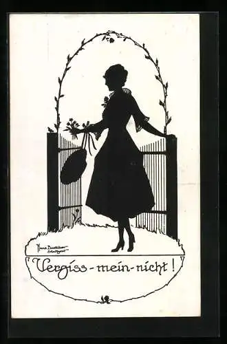 Künstler-AK Hans Boettcher: Vergiss-mein-nicht, junge Dame mit Blumenstrauss u. Hut vor der Gartenpforte, Scherenschnitt