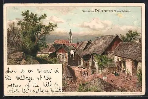 Lithographie Dürnstein a. d. Donau, Gasse mit Hühnerhof