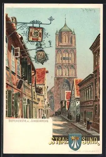 Lithographie Stralsund, Böttcherstrasse mit Jakobikirche, Wappen