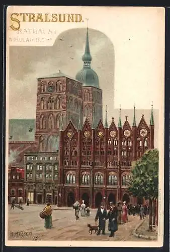 Lithographie Stralsund, Rathaus und Nikolaikirche