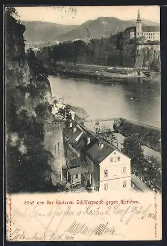 AK Tetschen-Bodenbach / Decin, Teilansicht, Flusspartie, Bild von der hinteren Schäferwand