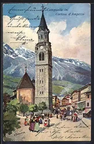 Künstler-AK Hans Treiber: Cortina d`Ampezzo, Campanile