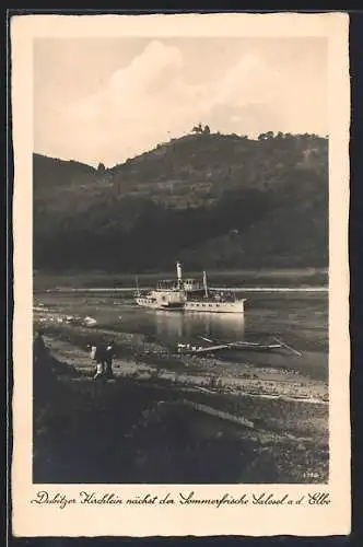 AK Salesel / Dolni Zalezly, Blick zum Dubitzer Kirchlein, Dampfer auf der Elbe