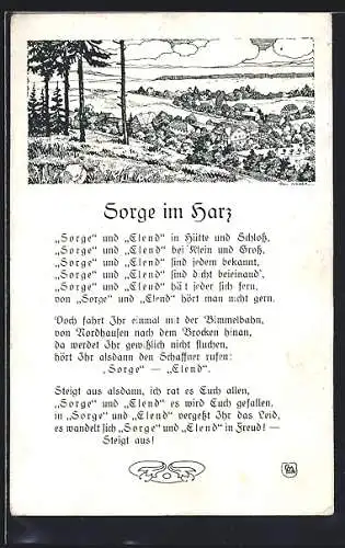 Künstler-AK Sorge /Harz, Ortsansicht mit Gedichttext Sorge im Harz