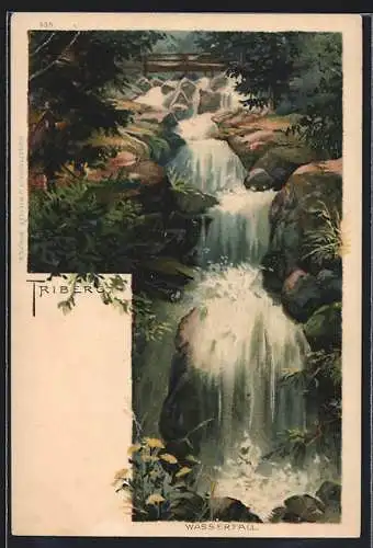 Lithographie Triberg Wasserfall, die Brücke oberhalb des Wasserfalls