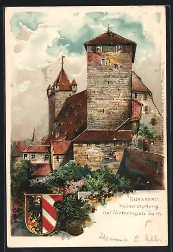 Lithographie Nürnberg, Kaiserstallung und Fünfeckiger Turm