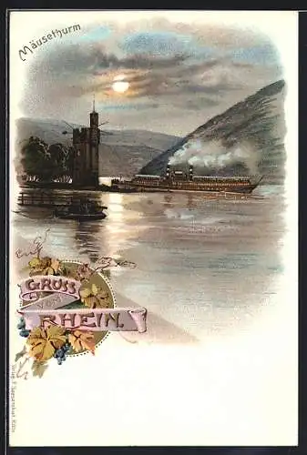 Lithographie Bingen / Rhein, Ortspartie mit Mäuseturm und Rheinfähre