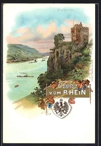 Lithographie Burg Rheinstein, Burg, Wappen, Wein