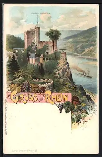 Lithographie Schloss Rheinstein mit Blick auf den Rhein